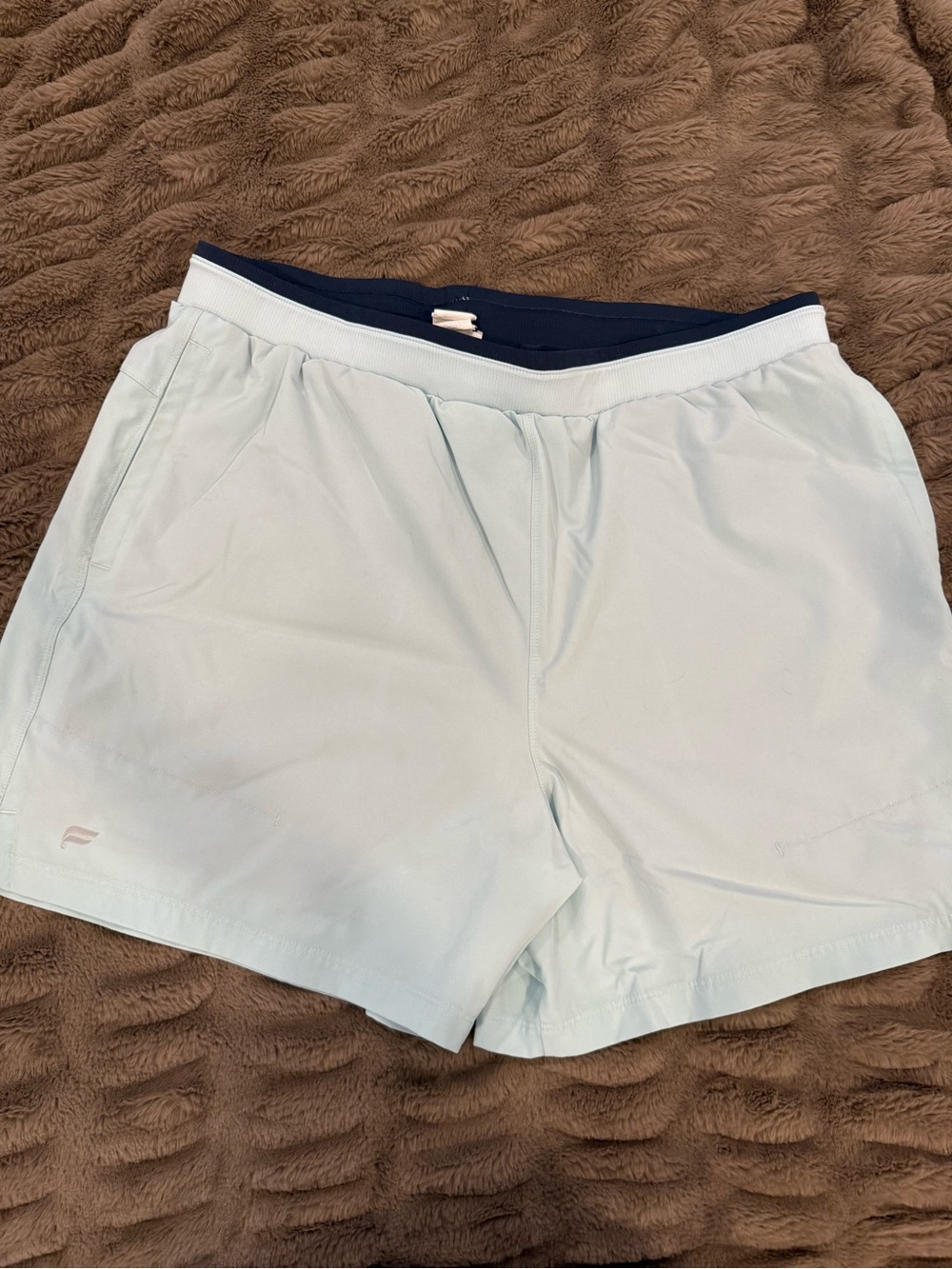 Fabletics Light Blue Men’s Athletic Shorts with Navy Waistband